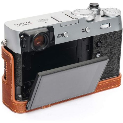  Fujifilm X100V Camera Case, BolinUS Handmade Genuine Real Leather Half Camera Case Bag Cover for Fujifilm Fuji X100V Camera Bottom Opening Version + Hand Strap (LavaBrown)
