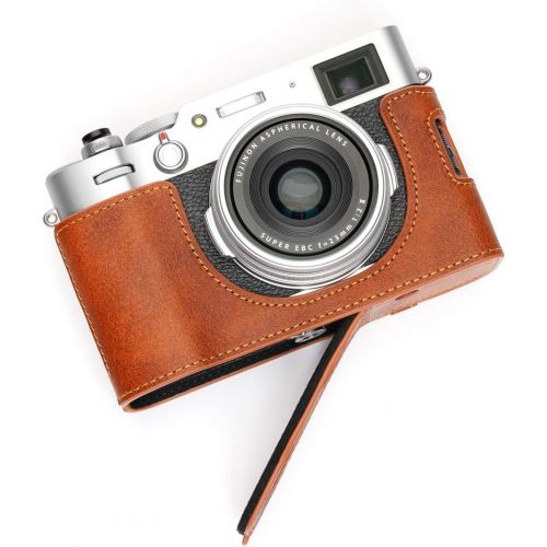  Fujifilm X100V Camera Case, BolinUS Handmade Genuine Real Leather Half Camera Case Bag Cover for Fujifilm Fuji X100V Camera Bottom Opening Version + Hand Strap (LavaBrown)