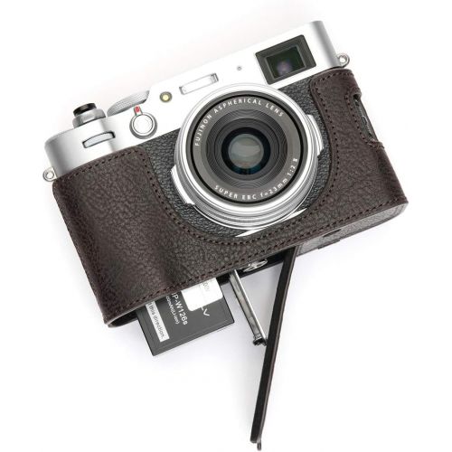  Fujifilm X100V Camera Case, BolinUS Handmade Genuine Real Leather Half Camera Case Bag Cover for Fujifilm Fuji X100V Camera Bottom Opening Version + Hand Strap (Coffee)