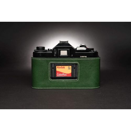  A-1 Case, BolinUS Handmade Genuine Real Leather Half Camera Case Bag Cover for Canon New AE-1 AE-1P A-1 (with Handle) Camera with Hand Strap (Green)