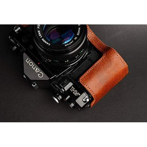  A-1 Case, BolinUS Handmade Genuine Real Leather Half Camera Case Bag Cover for Canon New AE-1 AE-1P A-1 (with Handle) Camera with Hand Strap (LavaBrown)