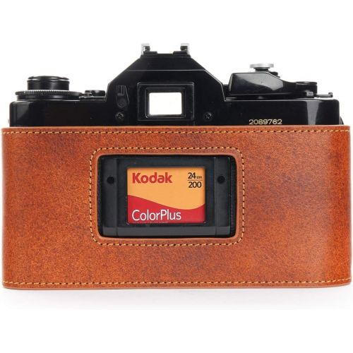  A-1 Case, BolinUS Handmade Genuine Real Leather Half Camera Case Bag Cover for Canon New AE-1 AE-1P A-1 (with Handle) Camera with Hand Strap (LavaBrown)