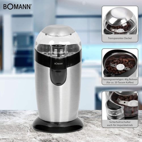 Bomann KSW 445 CB Elektrische Kaffeemuehle mit Schlagwerk 40 g Fassungsvermoegen, Impuls-Betrieb, Schwarz, Edelstahl