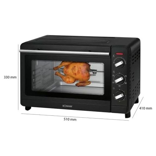  Bomann MBG 6023 CB Multi-Backofen, 30 Liter Backraum, Umluft + Ober- und Unterhitze, inkl. Drehspiess und Pizzastein, 90 Minuten-Timer mit Endsignal, schwarz