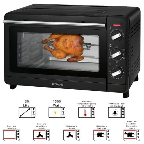  Bomann MBG 6023 CB Multi-Backofen, 30 Liter Backraum, Umluft + Ober- und Unterhitze, inkl. Drehspiess und Pizzastein, 90 Minuten-Timer mit Endsignal, schwarz