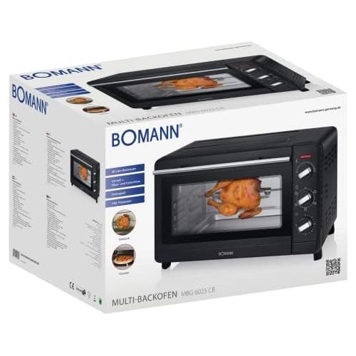  Bomann MBG 6023 CB Multi-Backofen, 30 Liter Backraum, Umluft + Ober- und Unterhitze, inkl. Drehspiess und Pizzastein, 90 Minuten-Timer mit Endsignal, schwarz