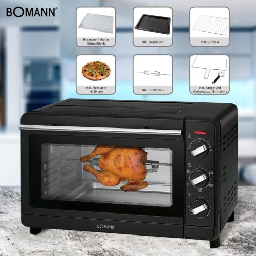  Bomann MBG 6023 CB Multi-Backofen, 30 Liter Backraum, Umluft + Ober- und Unterhitze, inkl. Drehspiess und Pizzastein, 90 Minuten-Timer mit Endsignal, schwarz