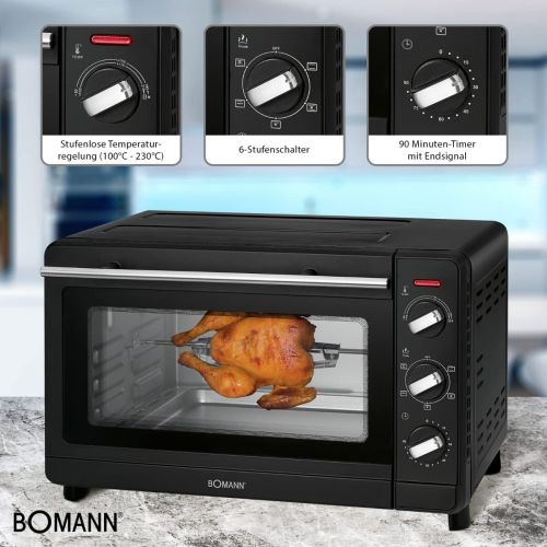  Bomann MBG 6023 CB Multi-Backofen, 30 Liter Backraum, Umluft + Ober- und Unterhitze, inkl. Drehspiess und Pizzastein, 90 Minuten-Timer mit Endsignal, schwarz