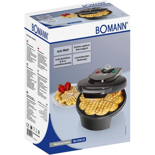  Bomann WA 5018 CB Waffelautomat, 1200 Watt, Stufenlos regelbarer Braunungsgrad, Grosse Backflachen Ø 18 cm (antihaftbeschichtet), Schwarz