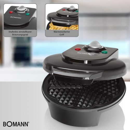  Bomann WA 5018 CB Waffelautomat, 1200 Watt, Stufenlos regelbarer Braunungsgrad, Grosse Backflachen Ø 18 cm (antihaftbeschichtet), Schwarz