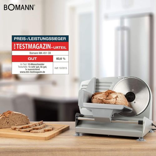  Bomann MA 451 CB, Vollmetall-Allesschneider, Grosses rostfreies Edelstahlmesser (Ø 190 mm), 150 Watt, Universalwellenschliff, Alu-Druckguss Motorgehause, Stufenlos einstellbare Schn