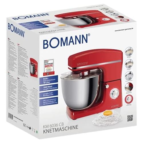  [아마존베스트]Bomann KM 6036 CB Kneading Machine 1500W 8 Speed Levels 10 Litre Stainless Steel Bowl Max 6-6.5kg Splash Guard Lid with Refill Opening Red