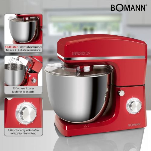  [아마존베스트]Bomann KM 6036 CB Kneading Machine 1500W 8 Speed Levels 10 Litre Stainless Steel Bowl Max 6-6.5kg Splash Guard Lid with Refill Opening Red