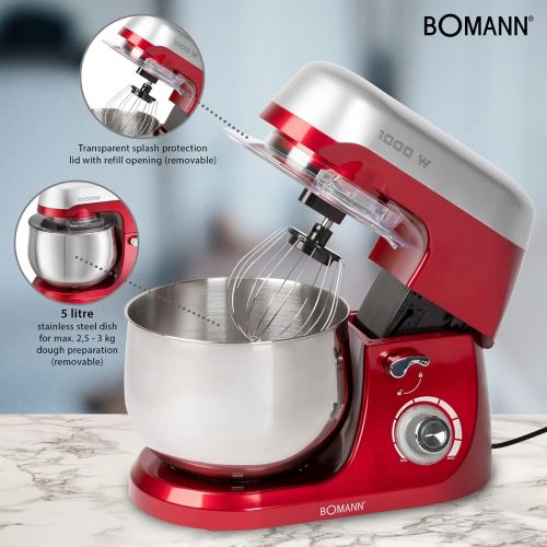  [아마존베스트]Bomann KM 6009 CB Powerful Kneading Machine, Transparent Splash Guard Cover, Infinite Electronic Speed Control + Pulse Function, 1000, 5 Litres, Red