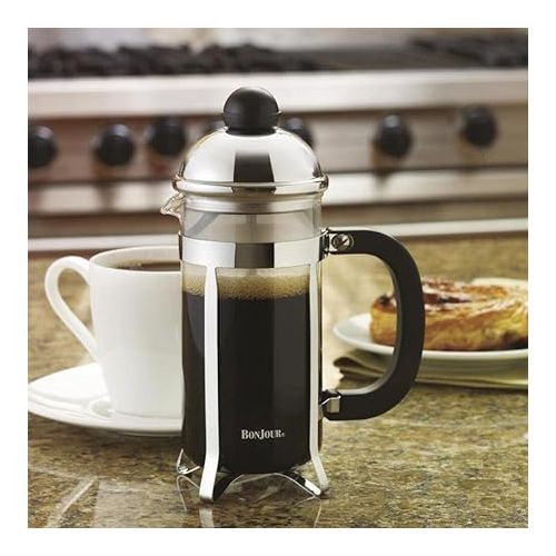  BonJour Coffee Stainless Steel French Press with Glass Carafe, 33.8-Ounce, Monet, Black Handle