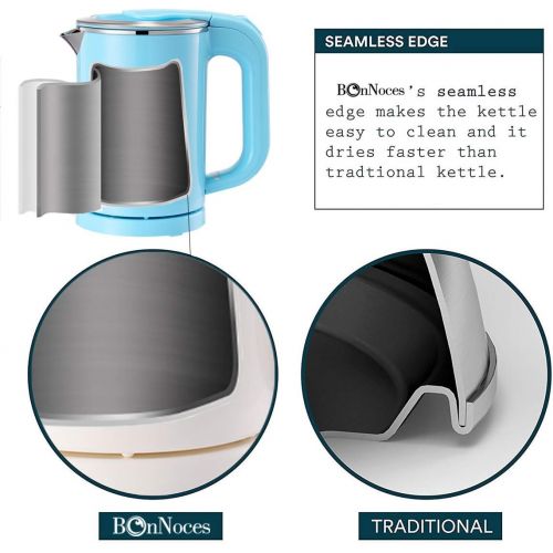  BonNoces Portable Electric Kettle - 0.5L Small Stainless Steel Travel Kettle - Quiet Fast Boil & Cool Touch - Perfect for Traveling Boiling Water, Coffee, Tea(Blue)