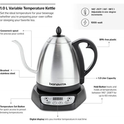  [아마존베스트]Bonavita 1.0L Variable Temperature Electric Kettle, 1.0 Liters, Metallic