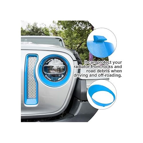  Bonbo Mesh Grille Grill Insert & Headlight Turn Light Cover Trim Exterior Accessories for Jeep Wrangler JL Sport/Sports 2018-2023 (Baby Blue)