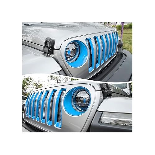  Bonbo Mesh Grille Grill Insert & Headlight Turn Light Cover Trim Exterior Accessories for Jeep Wrangler JL Sport/Sports 2018-2023 (Baby Blue)