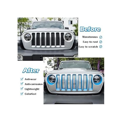  Bonbo Mesh Grille Grill Insert & Headlight Turn Light Cover Trim Exterior Accessories for Jeep Wrangler JL Sport/Sports 2018-2023 (Baby Blue)