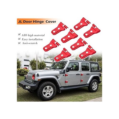  Bonbo Red Door Hinge Cover Trim Exterior Accessories 8PCS for Jeep Wrangler JL JLU Sports Sahara Freedom Rubicon Unlimited Gladiator JT 2/4-Door 2018-2024