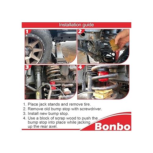  Bonbo 4PCS Upgrade 1-1303 Bump Stop & 1-1304 Bump Stop Polyurethane Front & Rear for Jeep Wrangler JK JKU Sport Rubicon Sahara Freedom Unlimited 2007-2018
