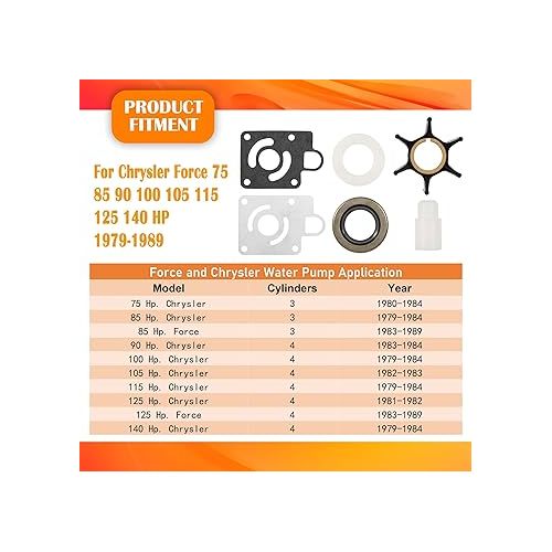  Bonbo 12012 Water Pump Impeller Kit Fit for Chrysler Force 75 85 90 100 105 115 125 140 hp 1979-1989 Replaces for OEM Part Number FK1069