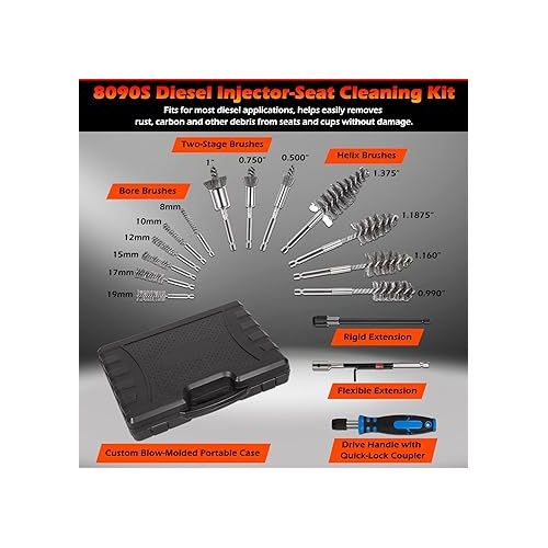  Bonbo Professional Diesel Injector-Seat Cleaning Kit 8090S on Cylinder Heads, Including Helix Brushes, Two-Stage Brushes, Bore Brushes and Swabs (Stainless Steel, 17-Pack)