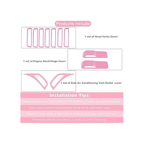  Pink Hood Vents & Side Air Conditioning Vent Outlet & Engine Hood Hinge Cover Trim Decor ABS Decorative for 2018-2023 Jeep Wrangler JL JLU & Gladiator JT