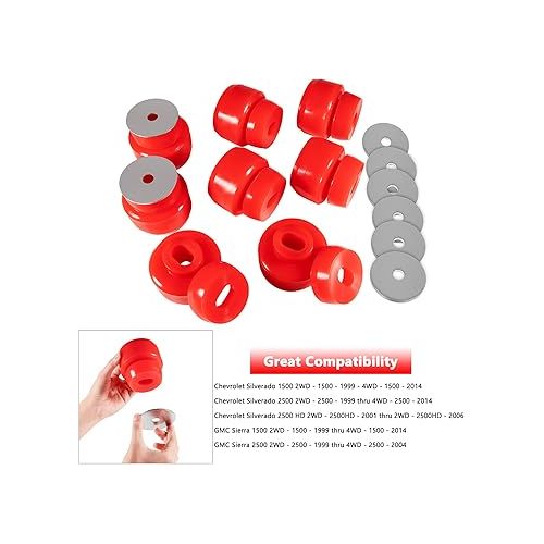  Bonbo 7-141 Body and Cab Mount Bushing Kit for Chevy Silverado & Sierra 1500/2500 2WD/4WD 1999-2014 Polyurethane Body Cab Mounts & Washers (Red)