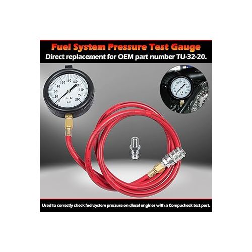  TU-32-20 Fuel System Pressure Test Gauge with Compucheck Test Fitting Perfectly Fits for Cummins Diesel Engines, 0 to 300 PSI