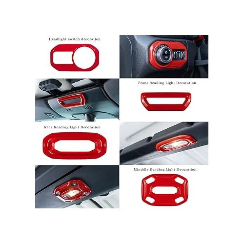  Bonbo Car Front Middle Rear Reading Light Panel Cover & Headlight Switch Button Trim&Speaker Audio Trim Top & A Pillar Trim for 2018 2019 2020 2021 Jeep Wrangler JL JLU & Gladiator JT (Red)