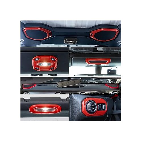  Bonbo Car Front Middle Rear Reading Light Panel Cover & Headlight Switch Button Trim&Speaker Audio Trim Top & A Pillar Trim for 2018 2019 2020 2021 Jeep Wrangler JL JLU & Gladiator JT (Red)