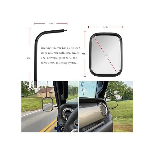  Anti-Vibration Side View Mirror Aluminum Rectangular Off-road Mirrors Fits For 2018-2023 Jeep Wrangler & Gladiator | Quick Removal Replacement Mirrors（1 Pair）