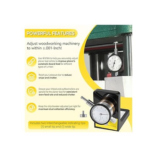  W1218A Dial Indicator Rotates 360 Degree Durable Powerful Magnetic Base for Planers Woodworking Machinery Within ±.001-Inch