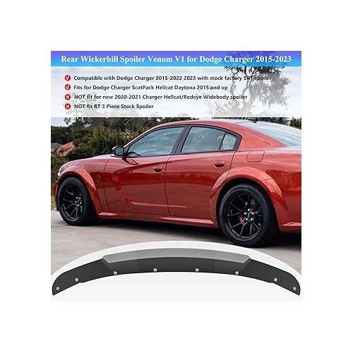  Bonbo Rear Wickerbill Spoiler Venom V1 Fits for Dodge Charger 2015-2022 2023 SRT ScatPack Hellcat Daytona, Add-on Type 2-Piece Rear Wicker Bill Spoiler with RivNut Tool (Gloss Black)