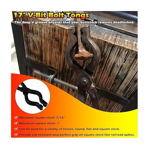  17 Inch V-Bit Bolt Blacksmith Tongs and Blacksmiths’ Hammer 0000811-1500 Perfect for Assembled Bladesmith Blacksmith Forge Tong Tools Set Vise Tools Anvil Hammer (2-Pieces)