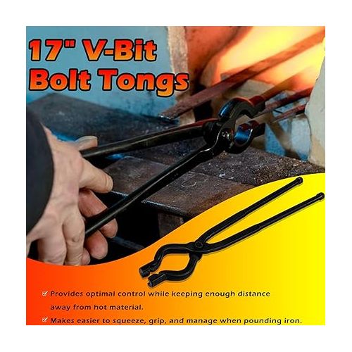  17 Inch V-Bit Bolt Blacksmith Tongs and Blacksmiths’ Hammer 0000811-1500 Perfect for Assembled Bladesmith Blacksmith Forge Tong Tools Set Vise Tools Anvil Hammer (2-Pieces)