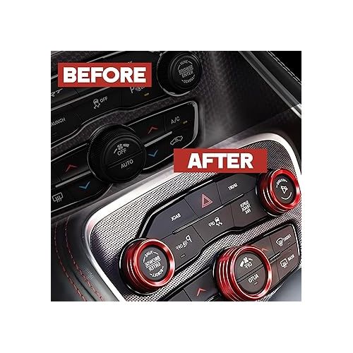  for Challenger Engine Start/Stop Sticker & Volume AC Tune Radio Switch Button Cover Aluminum Alloy Rings Compatible with Dodge Challenger/Charger/Chrysler 300/300s 2015-2024, 4PCS