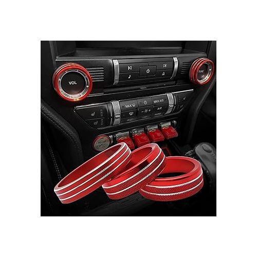  3-Pack Volume Tune Headlight Switch Knob Cover Trim Ring Kit Interior Accessories for Ford Mustang 2015-2023（Red）