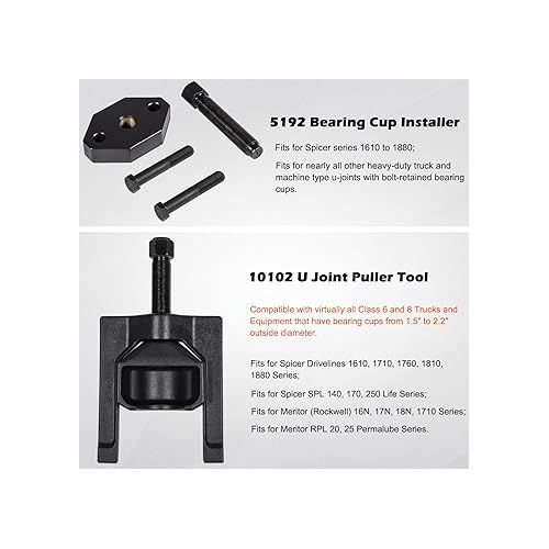  Bonbo 10102 Universal Heavy Duty U Joint Puller for Most Class 6-8 Trucks and Equipment + 5192 Bearing Cup Installer Tool for Spicer Series 1610 to 1880 and Bolt-Retained U-Joints