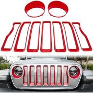 Bonbo Mesh Grille Grill Insert & Headlight Turn Light Cover Trim Exterior Accessories for Jeep Wrangler JL Sport/Sports 2018-2023 (Red)