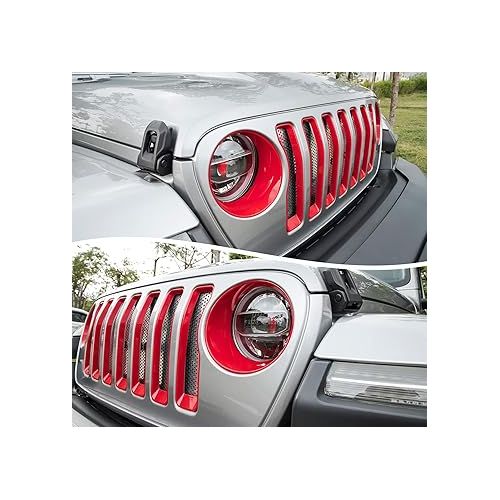  Bonbo Mesh Grille Grill Insert & Headlight Turn Light Cover Trim Exterior Accessories for Jeep Wrangler JL Sport/Sports 2018-2023 (Red)