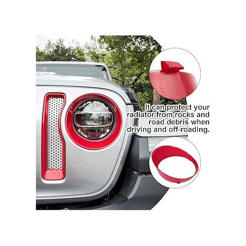  Bonbo Mesh Grille Grill Insert & Headlight Turn Light Cover Trim Exterior Accessories for Jeep Wrangler JL Sport/Sports 2018-2023 (Red)