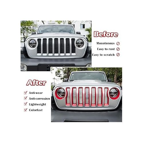  Bonbo Mesh Grille Grill Insert & Headlight Turn Light Cover Trim Exterior Accessories for Jeep Wrangler JL Sport/Sports 2018-2023 (Red)