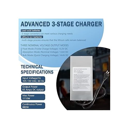  WF-9865-AD-CB Deck Mount Converter Charger, 65 Amp DC Output with 20 Amp AC Power Cord, Replacement for RV Trailer Camper WF-9800 Series, WF-9865, WF-9865-MBA