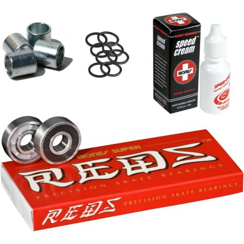  Bones Super Reds Bearings, 8 Pack Set with Spacers, Speed Rings, and Speed Cream