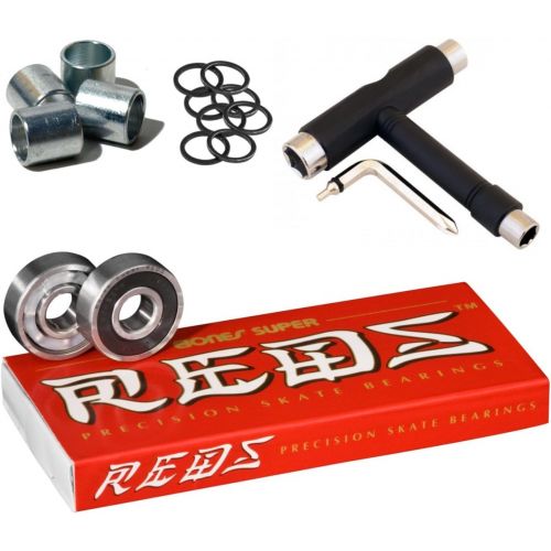  Bones Super Reds Bearings, 8 Pack Set with Spacers, Speed Rings, and T-Tool