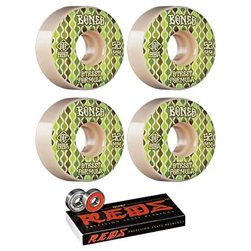  Bones Wheels 52mm STF V2 Retros White Skateboard Wheels - 99a with Bones Bearings - 8mm Bones Reds Precision Skate Rated Skateboard Bearings (8) Pack - Bundle of 2 Items