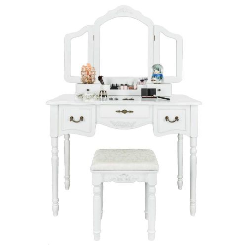  Bonnlo Large Vanity Set for Girls/Women/Adults 5 Drawers Makeup Dressing Table with Cushioned Stool,Tri-Folding Mirror Vanity Table with Necklace Hooks and Removable Desk Makeup Or